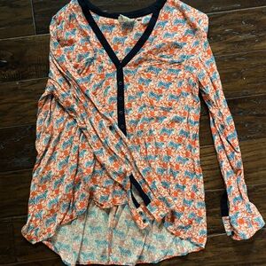 Anthropology red & blue tiger print long sleeve blouse